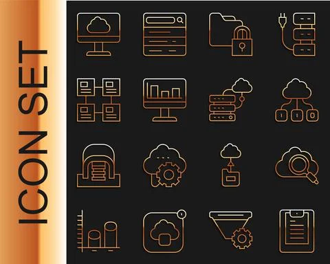 Set line Server, Data report, Search cloud computing, Cloud technology data Stock Illustration
