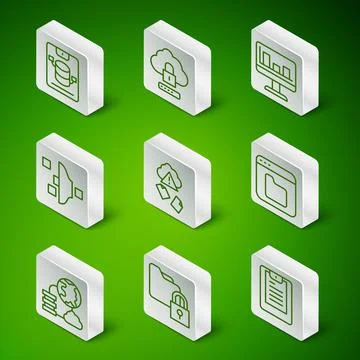 Set line Server, Data report, Folder and lock, Data, Web Hosting, Cloud hacking Stock Illustration