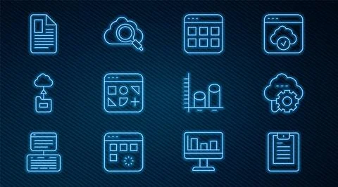 Set line Server, Data report, Cloud technology data transfer, Browser files.. 스톡 일러스트