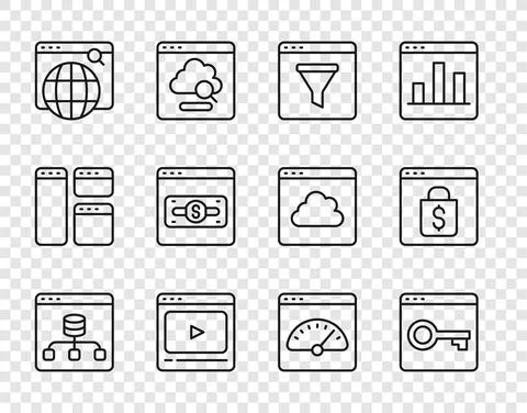 Set line Server, Data, Secure your site with HTTPS, SSL, Browser window, Online Иллюстрация