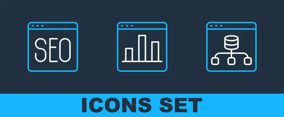Set line Server, Data, SEO optimization and Graph chart infographic icon. Vector Illustrazione stock
