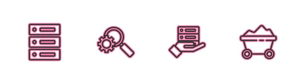 Set line Server, Data, Web Hosting, , Magnifying glass and gear and Coal mine Stock Illustration