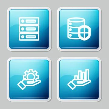 Set line Server, Data, Web Hosting, with shield, Hand settings gear and Pie Stock Illustration