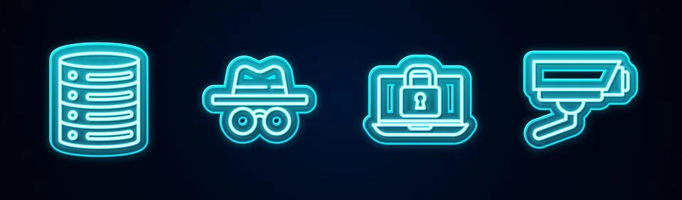 Set line Server, Data, Web Hosting, Incognito mode, Laptop and lock and Security Stockillustratie