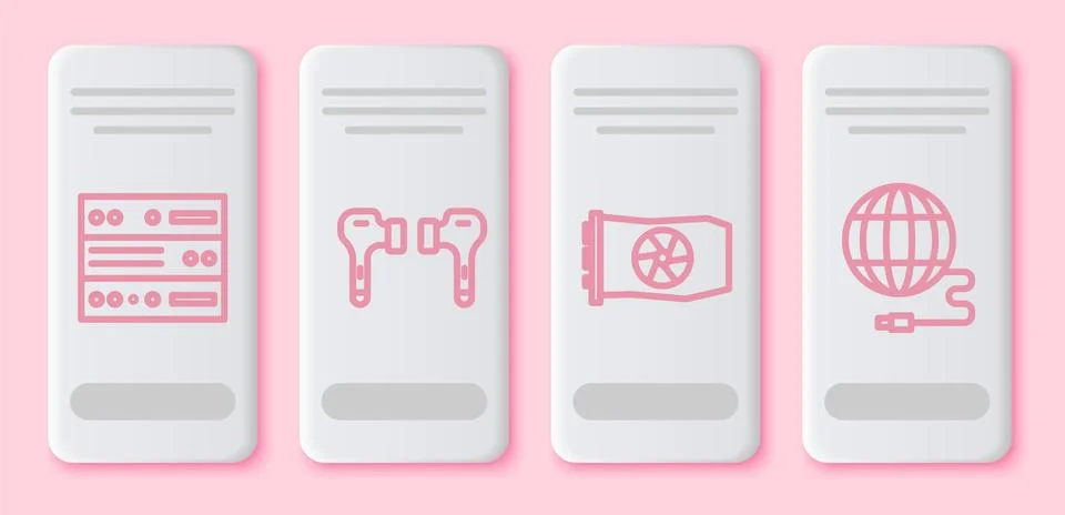 Set line Server, Data, Web Hosting, Air headphones, Video graphic card and 库存插图