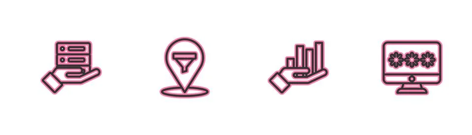 Set line Server, Data, Web Hosting, Pie chart infographic, Location with sales Stockillustratie