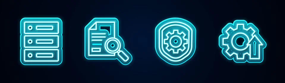 Set line Server, Data, Web Hosting, Document with search, Shield settings gear 库存插图