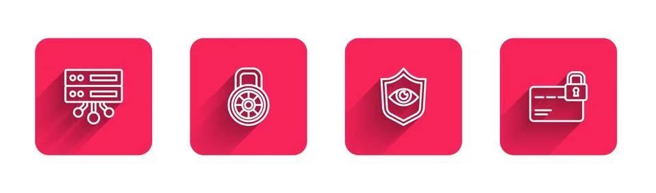 Set line Server, Data, Web Hosting, Safe combination lock, Shield and eye and Stock Illustration