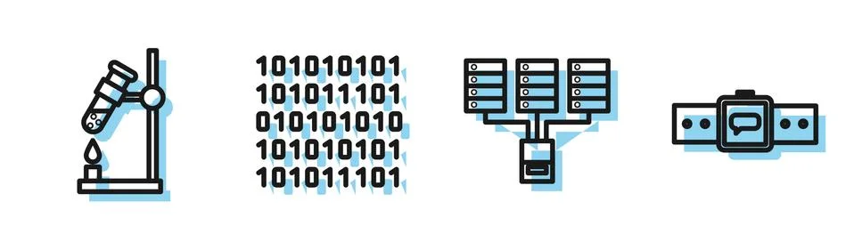 Set line Server, Data, Web Hosting, Test tube flask on fire, Binary code and Stock Illustration