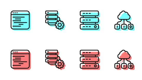 Set line Server, Data, Web Hosting, Software, and gear and Cloud technology data Stock Illustration