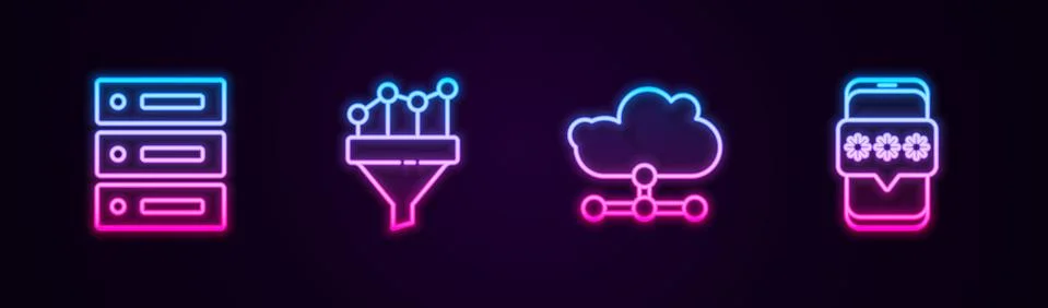 Set line Server, Data, Web Hosting, Sales funnel with chart, Network cloud Illustrazione stock