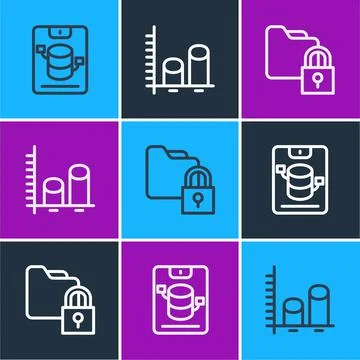 Set line Server, Data, Web Hosting, Folder and lock and analysis icon. Vector Stock Illustration