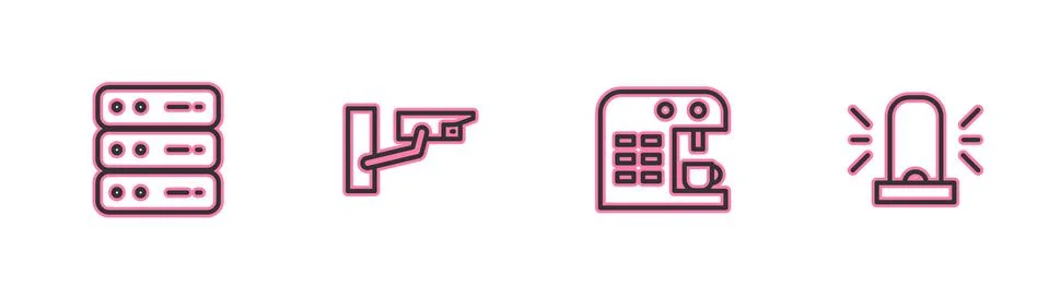 Set line Server, Data, Web Hosting, Coffee machine, Security camera and Flash Stock Illustration