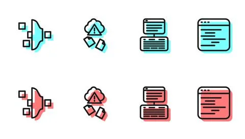 Set line Server, Data, Web Hosting, Filter setting, Cloud hacking and Software Illustrazione stock