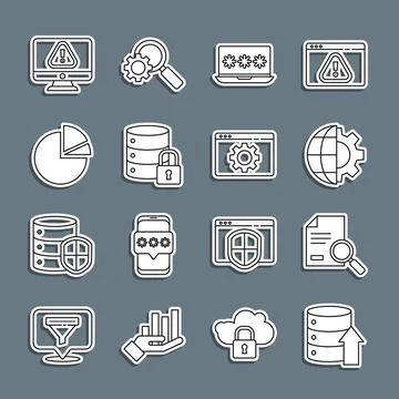 Set line Server, Data, Web Hosting, Document with search, Globe of the Earth and 스톡 일러스트