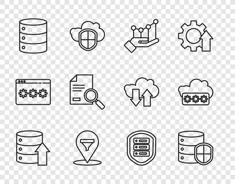 Set line Server, Data, Web Hosting, with shield, Pie chart infographic, Location Stock Illustration