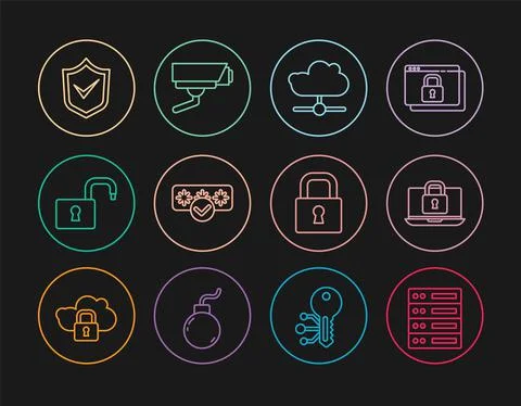 Set line Server, Data, Web Hosting, Laptop and lock, Network cloud connection Stock Illustration