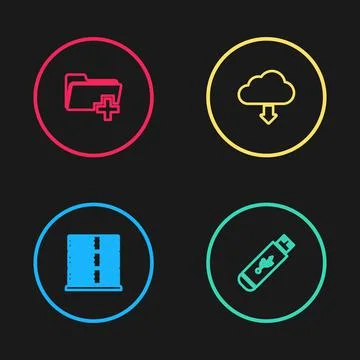 Set line Server, Data, Web Hosting, USB flash drive, Cloud download and Add new Stock Illustration