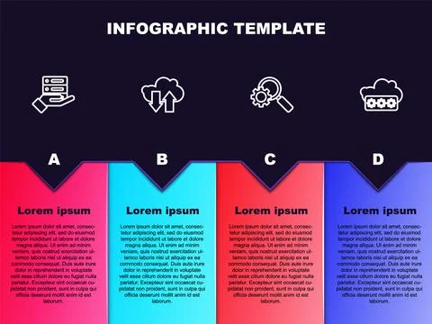 Set line Server, Data, Web Hosting, Cloud download and upload, Magnifying glass Illustrazione stock