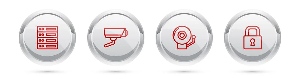 Set line Server, Data, Web Hosting, Security camera, Ringing alarm bell and Lock Stock Illustration