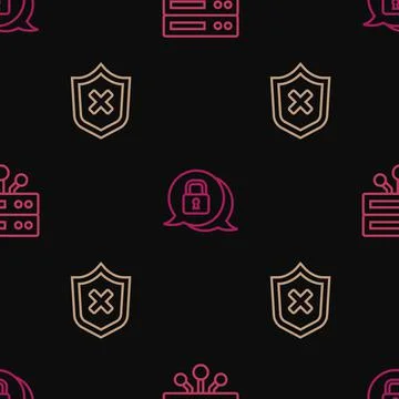 Set line Server, Data, Web Hosting, Shield with cross mark and Cyber security on Illustrazione stock
