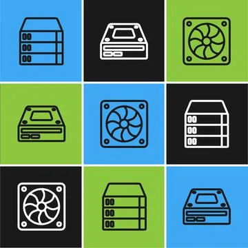 Set line Server, Data, Web Hosting, Computer cooler and Optical disc drive icon Stock Illustration