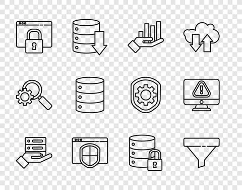 Set line Server, Data, Web Hosting, Sales funnel, Pie chart infographic, Browser Stock Illustration