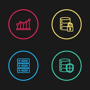 Set line Server, Data, Web Hosting, with shield, security lock and Pie chart Illustrazione stock
