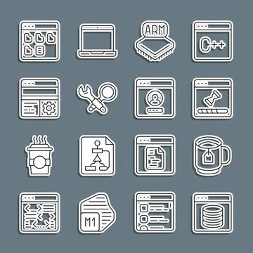 Set line Server, Data, Web Hosting, Cup of tea with tea bag, Loading data window Stock Illustration