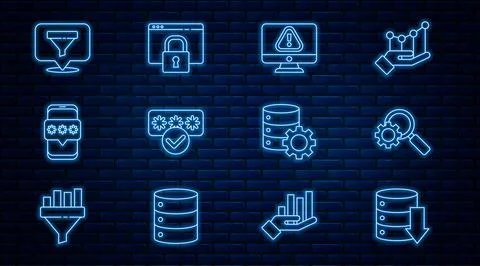 Set line Server, Data, Web Hosting, Magnifying glass and gear, Monitor with Ilustración de archivo