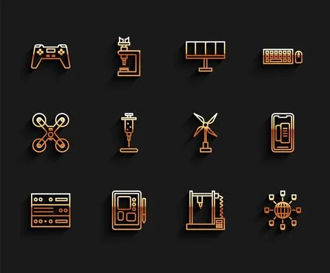 Set line Server, Data, Web Hosting, Graphic tablet, Gamepad, 3D printer, Social Stock Illustration