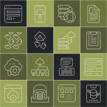 Set line Server, Data, Web Hosting, Search engine, report, Network cloud Illustrazione stock