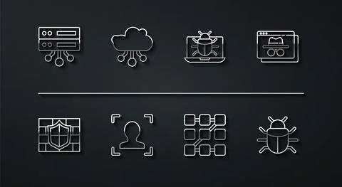 Set line Server, Data, Web Hosting, Shield with brick wall, Browser incognito Illustrazione stock