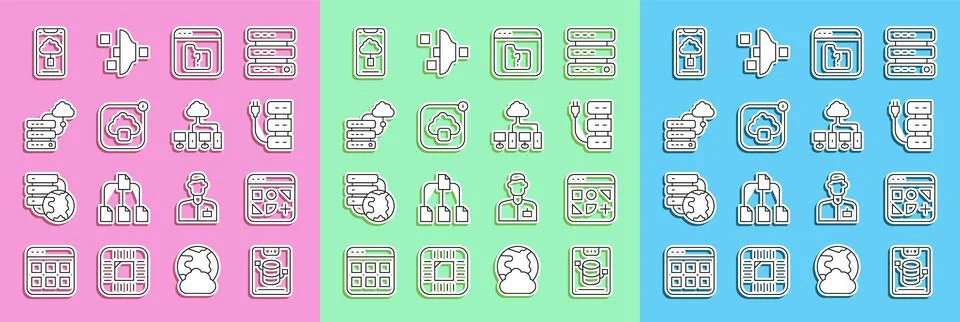 Set line Server, Data, Web Hosting, Different files, File missing, Cloud Stock Illustration