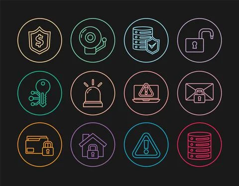 Set line Server, Data, Web Hosting, Mail message lock password, with shield Stock Illustration