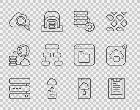 Set line Server, Data, Web Hosting, report, and gear, Cloud technology data Stock Illustration