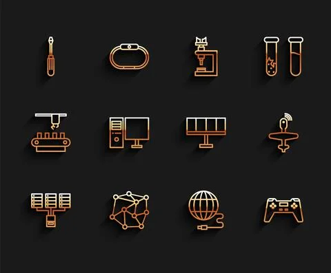 Set line Server, Data, Web Hosting, Neural network, Screwdriver, Social, Gamepad Illustrazione stock