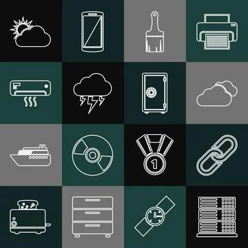 Set line Server, Data, Web Hosting, Chain link, Cloud, Paint brush, Storm, Air Illustrazione stock