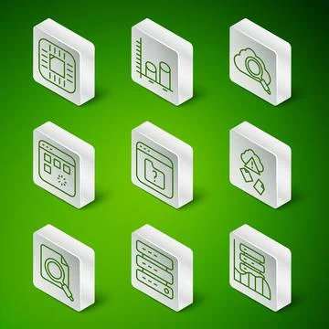 Set line Server, Data, Web Hosting, Processor with CPU, File missing, Loading 스톡 일러스트
