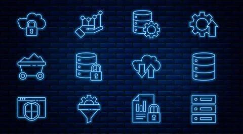 Set line Server, Data, Web Hosting, and gear, security with lock, Coal mine 스톡 일러스트