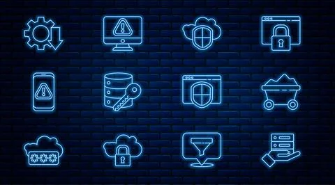 Set line Server, Data, Web Hosting, Coal mine trolley, Cloud and shield Illustrazione stock