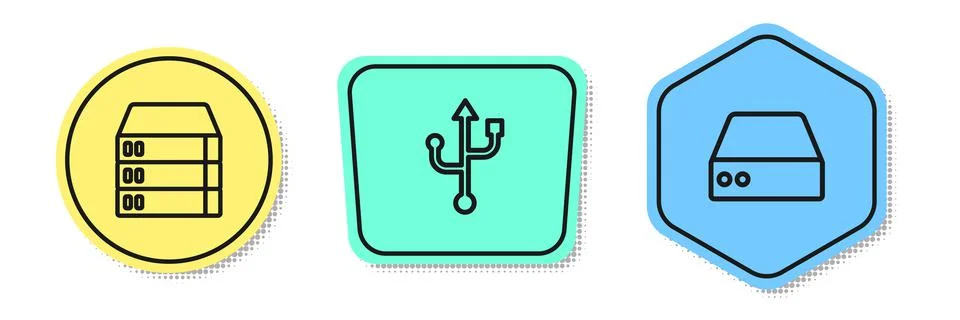 Set line Server, Data, Web Hosting, USB and . Colored shapes. Vector Stock Illustration