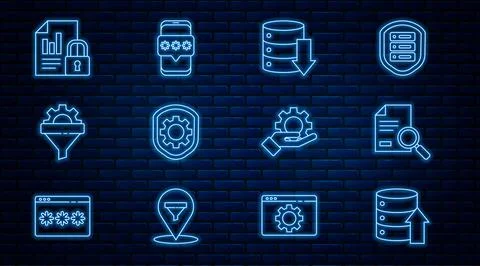 Set line Server, Data, Web Hosting, Document with search, Shield settings gear 库存插图