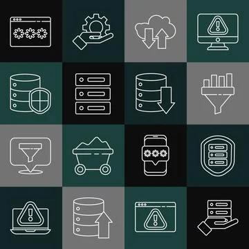 Set line Server, Data, Web Hosting, with shield, Sales funnel chart, Cloud Illustrazione stock