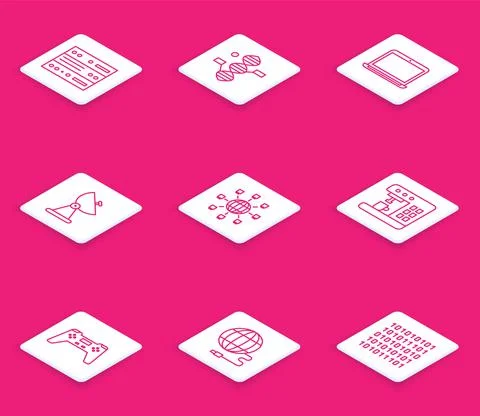 Set line Server, Data, Web Hosting, DNA symbol, Laptop, Radar, Social network 스톡 일러스트
