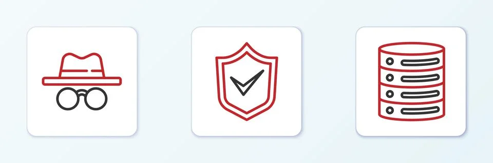 Set line Server, Data, Web Hosting, Incognito mode and Shield with check mark Stock Illustration