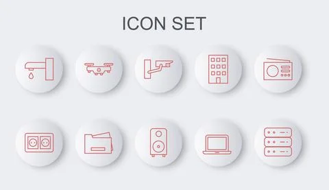 Set line Server, Data, Web Hosting, Electrical outlet, Security camera, Laptop Stock Illustration