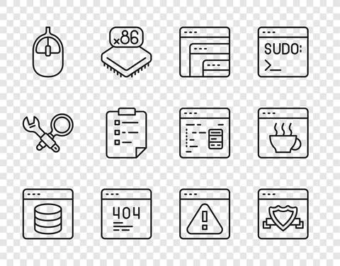 Set line Server, Data, Web Hosting, Browser with shield, Software, Page 404 Stock Illustration
