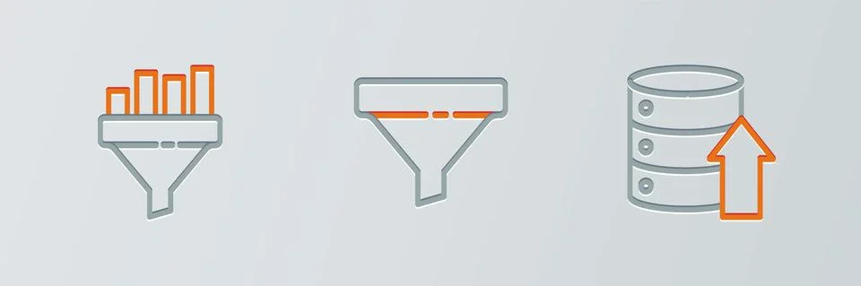 Set line Server, Data, Web Hosting, Sales funnel with chart and icon. Vector Stock Illustration