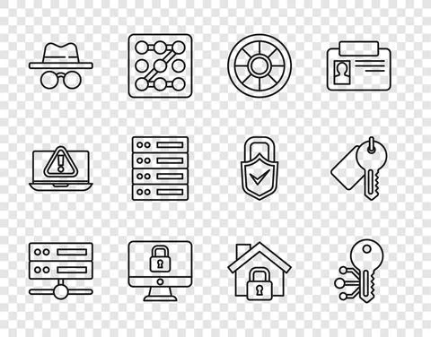 Set line Server, Data, Web Hosting, Cryptocurrency key, Safe, Lock on computer イラスト素材